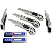 THR Industrieprodukte 5 Stück Alu Profi Cuttermesser, THR Druckguss Teppichmesser 18mm Abbrechklinge, Mehrzweck Messer + 20 Klingen, Gummi für Handwerker und Heimwerker