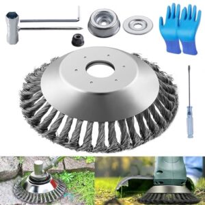 Unkrautbürste für Rasentrimmer 8 Zoll, Profi Unkrautbürste mit 25,4mm Bohrung, Wildkrautbürste für Motorsense, Drahtbürste für Freischneider inkl. Installationszubehör