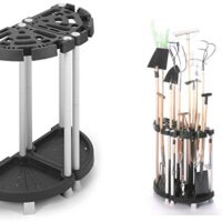 Variabler Gerätehalter aus robustem Kunststoff für Gartenarbeiten, Teilbar als Eck- oder Wandlösung, ideal für Besen, Rechen und andere Werkzeuge.