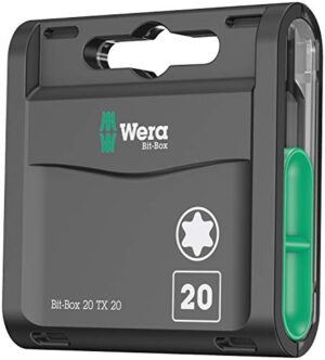 Ein umfassendes Bit-Sortiment von Wera mit einer 20-teiligen Box. Die Box enthält alle notwendigen Bits für verschiedene Anwendungen und ist ideal für den universellen Einsatz in der Werkstatt oder im Heimwerkereinsatz.