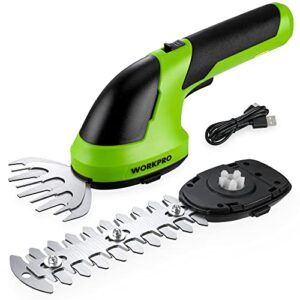 WORKPRO Gartenschere Akku 7,2V Grün, Handliche Grasschere Mit 2 Messern, 2.000mAh Akku Und Typ C Kabel, Elektrische Strauchschere, 2 in 1 Heckenschere, Schnittbreite 10cm, Schnittlänge 15cm