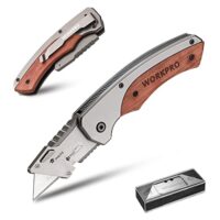 Faltbares Universalmesser mit Holzgriff, Teppichmesser Cuttermesser für Heimwerker und Handwerker mit Gürtelclip und Liner-Lock-Design, inkl. 10 Ersatzklingen