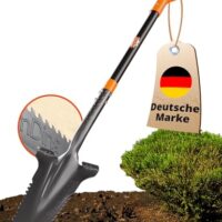 Stabiler Spaten mit Wurzelsäge zum einfachen Graben im Garten, ergonomisches Griff und breite Trittkante, perfekter Helfer für die Gartenarbeit bei harten Böden.