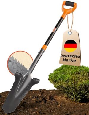 Stabiler Spaten mit Wurzelsäge zum einfachen Graben im Garten, ergonomisches Griff und breite Trittkante, perfekter Helfer für die Gartenarbeit bei harten Böden.