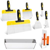Hochwertiges 8-teiliges Spachtel Set für Trockenbauarbeiten, bestehend aus Breite Spachtel, Tapeten Spachtel, Glättkelle und Spachtelkasten mit ergonomischem Griff