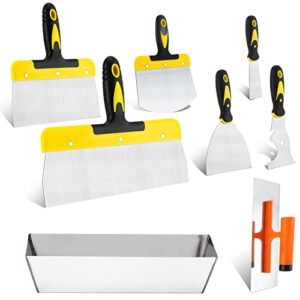 Hochwertiges 8-teiliges Spachtel Set für Trockenbauarbeiten, bestehend aus Breite Spachtel, Tapeten Spachtel, Glättkelle und Spachtelkasten mit ergonomischem Griff