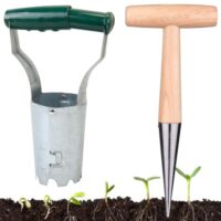 2er Set Blumenzwiebelpflanzer, leichtes Gewicht Zwiebelpflanzer aus Rostfreiem Stahl, Blumenzwiebeln pflanzhilfe mit Einem Holzgriff Setzholz und Zwiebelpflanzer für Gärten