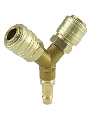 QWORK 2-Fach Druckluftverteiler mit Kupfer Kupplungen Außengewinde NW 7,2, 1/4-Zoll Luftschlauch Schnellkuppler Verteiler, hochwertiges Werkzeug für effizientes Arbeiten