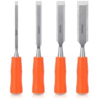 Stemmeisen Set für Holzbearbeitung, 4-teilig, verschiedene Größen, scharfe Klinge, ergonomischer Griff, hochwertiger Kohlenstoffstahl, Schutz vor Korrosion, ideal für Tischler und Zimmerer