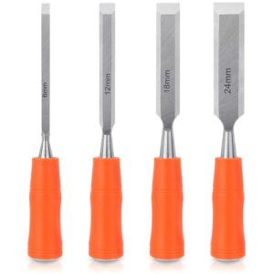 Stemmeisen Set für Holzbearbeitung, 4-teilig, verschiedene Größen, scharfe Klinge, ergonomischer Griff, hochwertiger Kohlenstoffstahl, Schutz vor Korrosion, ideal für Tischler und Zimmerer
