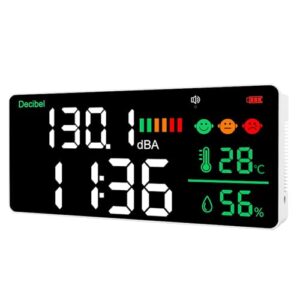 5-in-1 Dezibel Messgerät mit 11-Zoll großem LED-Display, Schallpegelmessgerät, Temperaturmessgerät, Feuchtigkeitsmessgerät, Uhr und Lärmpelis-Indikator für Zuhause
