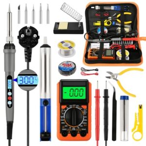 60W Lötkolben Set, digitaler Multimeter, 5 Lötspitzen, Lötzinn und Entlötpumpe für Bastler und Elektrotechniker