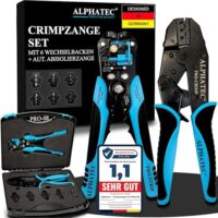 8-teiliges Crimpzange Set mit wechselbaren Backen und automatischer Abisolierzange für Kabelschuhe, Aderendhülsen, Flachstecker und Kabelverbinder sowie MC4 PV Solar Anschlüsse
