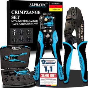 8-teiliges Crimpzange Set mit wechselbaren Backen und automatischer Abisolierzange für Kabelschuhe, Aderendhülsen, Flachstecker und Kabelverbinder sowie MC4 PV Solar Anschlüsse