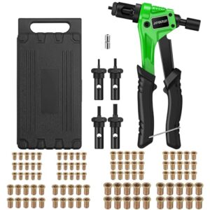 Professionelle Nietmutternzange mit M3, M4, M5 und M6 Dornen sowie 100pcs Nieten und 8-Zoll Mini Nietmutternpistole in einer Werkzeugbox für Handwerker und DIY-Anfänger.