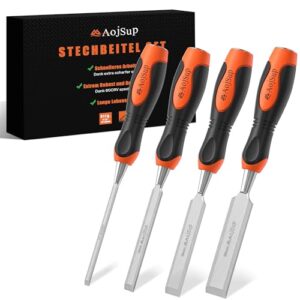 Holzmeißel Set mit 4 verschiedenen Größen (6, 12, 19 und 25 mm) für Schnitzen, Trimmen und andere Arbeiten in der Holzverarbeitung. Scharfe Kanten und robuste Metall-Schlagkappe.