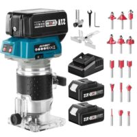 Akku Kantenfräser mit 2 x 4.0Ah Batterien, bürstenloser Motor, Tragbarer Handfräser für Holzbearbeitung, 6 Geschwindigkeiten und 15 Fräser Bits