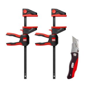 BESSEY Aktionsset mit einem Doppelpack an Einhandzwingen und Klingen-Klappmesser für das DIY-Projekt, perfekt zum Abschluss von Arbeiten