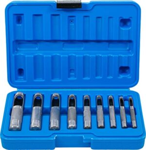 Locheisen-Satz mit 9 verschiedenen Lochern von 3 bis 12 mm Durchmesser, inklusive Kunststoff-Koffer für sicheres und ordentliches Transportieren