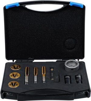 Gewindebohrer und Schneideisen Satz für Radmuttern und Bolzen, 12-teilig, titan-nitritiert, magnetische Schneideisenhalter und Aufnahme-Steckschlüsseile