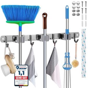 Besenhalterung Wand, 3 Halter und 4 Haken, Selbstklebend, Edelstahl, Rostfrei, Gerätehalter für Küche, Garage, Keller und Garten
