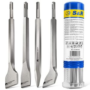 Bohrhammer Meißel-Set SDS-plus, 4-teilig, robust und hitzegehärtet – 1x Flachmeißel, 2x Fliesemeißel, 1x Spitzmeißel für Beton, Mauerwerk, Ziegel und Asphalt