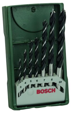 Bosch 7-teiliges Holzspiralbohrer-Set für Weich- und Hartholz, Bohrschrauber und Bohrständer