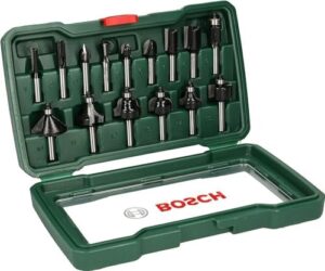 Bosch Hartmetall Fräser Set für Holz, 15-teilig, mit verschiedenen Größen und Formen, ideal für Profis und Hobbyisten, hochwertige Werkzeuge für Oberfräsen mit 8 mm-Werkzeugaufnahme
