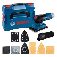 Bosch Professional 12V System Akku Schwingschleifer mit drei Schleifplatten, drei Schleifblättern, Staubbeutel und Lochwerkzeug