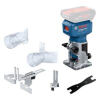 Effiziente Kantenfräse für den Heimwerker, Bosch Professional 18V System Akku-Kantenfräse GLF 18V-8 mit Adapter für Ober- und Kantenfräsen und LED-Licht