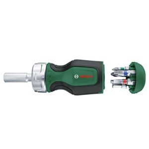 Bosch Stubby Ratschenschraubendreher mit integriertem Bitmagazin und magnetischem Bithalter, 6 verschiedene Bits enthalten