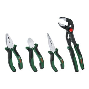 Bosch Zangen-Set, 4-teilig: 160mm Seitenschneider, 180mm Kombinationszange, 180mm Spitzzange und 250mm Wasserpumpenzange für anspruchsvolle Aufgaben; ergonomischer Softgrip