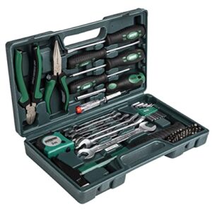 Robuster Werkzeugkoffer mit 47 verschiedenen Werkzeugen, inklusive Schlosserhammer und Bandmaschine, perfekt für den Heimwerker