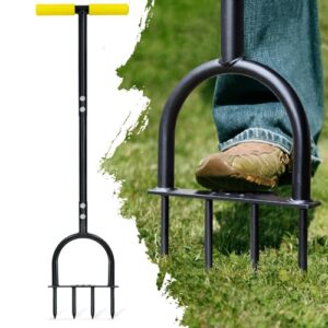 Rasenbelüfter für verdichtete Böden und Rasenflächen mit rutschfestem T-Griff und vier 9 cm massiven Stahlspießen