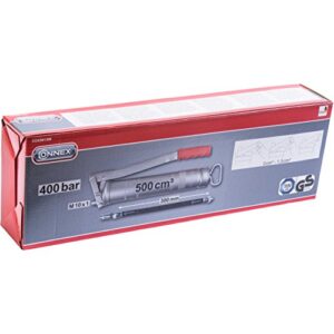 Hochwertige Fettpresse mit ergonomischem Handgriff, stufenloser Kolbenstangenfixierung und Hochdruckschlauch für präzise Dosierung und gleichmäßige Fettabgabe