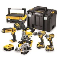 Das DEWALT 18 Volt Kombo-Pack DCK551P3T ist ein umfassendes Set mit einem Schlagbohrschrauber, einem Schlagschrauber, einer Handkreissäge, einer Pendelhub-Stichsäge und einer LED-Leuchte. Alle Werkzeuge sind mit 18 Volt betrieben und bieten eine hohe Leistungsfähigkeit.