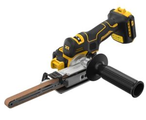 Bild einer DEWALT Akku-Bandfeile mit 457 x 13 mm Bandgröße, bürstenloser Motor und variable Geschwindigkeit, inklusiv 2 Schleifarmen.
