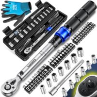 Drehmomentschlüssel-Set mit 45 Teilen, 1/4 Zoll, 5-25Nm, Handschuhe und Magnetische Zündkerzenhülse für Auto, Fahrrad und Motorrad