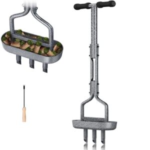 Rasenlüfter, Rasenbelüfter Aerifizierer für Rasen Hohlspoon mit Ablageschale Gebogener Kante, T-Griff Rasenspecht Heavy Duty Handvertikutierer Rasen Belüften für Verdichtete Böden