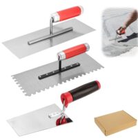 Ergänzung eines Sets aus 3 Stück Edelstahl Maurerkellen für verschiedene Anwendungen, einschließlich Glätten und Verteilen von Putzarten. Die Set enthält eine robuste Edelstahl-Glättekelle (280x110mm) und eine Edelstahl-Putzkelle (160mm) für optimalen Putzauftrag.