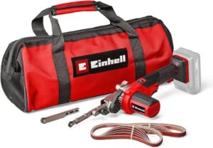 Einhell Akku-Bandfeile TE-BF 18 Li-Solo Power X-Change, 18 V, Geschwindigkeit bis 1.700 m/min, zwei wechselbare Schleifarme, inklusive 12x Schleifbänder ohne Akku