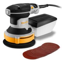 Exzenterschleifer 300W, DEKOPRO Exenterschleifmaschine mit 16 Schleifpapieren und 6 variablen Geschwindigkeiten für professionelle Holzbearbeitung und Schleifarbeit.
