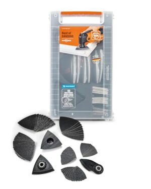 Vollständiges Zubehörset für Multitool mit Starlock-Aufnahme, 2 Schleifplatten und 10 Schleifblättern