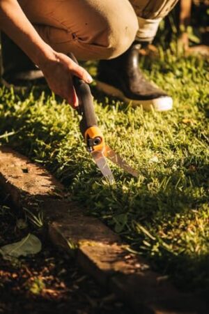 Rasenkantenschere von Fiskars mit Servo-System, handliche Länge: 32 cm, Stahl-Klingen und Kunststoff-Griff in Schwarz/Orange/Grau für effektiven Rasen-Schnitt