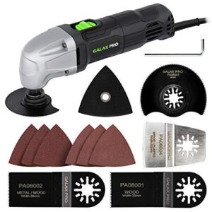 Das GALAX PRO 180W Oszillierende Multifunktionswerkzeug ist ein leistungsstarkes und vielseitiges Werkzeug für Heimwerker, das mit drei Sägeblättern, einem Halbkreissägeblatt-Schleifteller und sechs Schleifpapieren zum Schneiden, Sägen, Trimmern, Schleifen und Schleifen verschiedener Materialien geeignet ist.