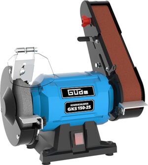 Guede Kombischleifer GKS 150-25, Schleiflösung für Heimwerker und Profis, vielfältige Funktionen, robuste Bauweise, Schleifen von Holz, Metall oder Plastik, leiser und effizienter Kondensatormotor, Feinschleifscheibe 150 mm 36 K, Schleifband 50x686 mm 80 K