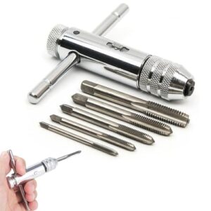 Hochwertiges Gewindebohrer-Set mit 6 Bohrern in verschiedenen Größen und einem Windeisen mit T-Griff und Ratschenmechanismus, ideal für Automechaniker, Ingenieure und Elektriker.