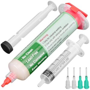 Bild eines Lötpasten-Spritzens mit Bleifreier Flüssigkeit für elektronische Komponenten, wie BGA, LED und PCB, ideal für professionelles Löten.