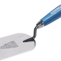 HAROMAC Stukkateur-Spachtel, 100 mm lang, aus gehärtetem und geschliffenem Edelstahl, rostfrei, mit einem blauen Holzgriff. Ideal für die Verarbeitung von Gips oder anderen pastösen Beschichtungen.
