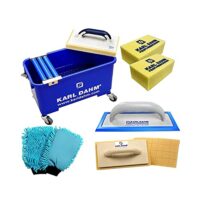 Rollenwaschset mit Zubehör für effiziente Fliesenreinigung und Verfugung, stabiler Wascheimer mit Rädern, ideal für Heimwerker und Profis.
